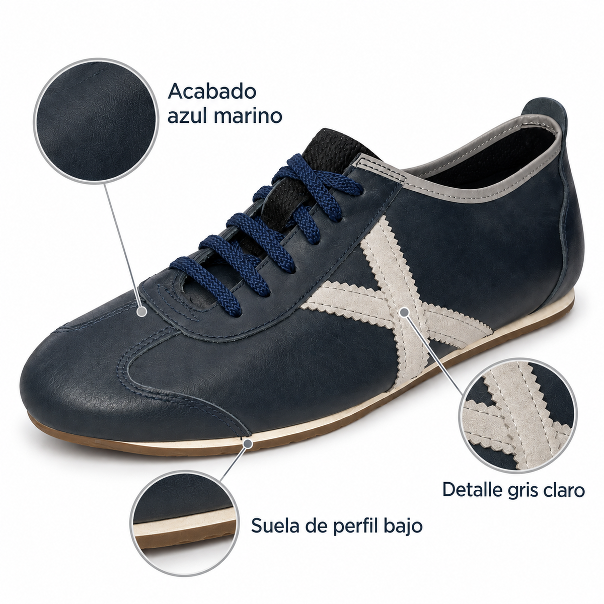 Características de las zapatillas Munich azul marino con detalle gris claro