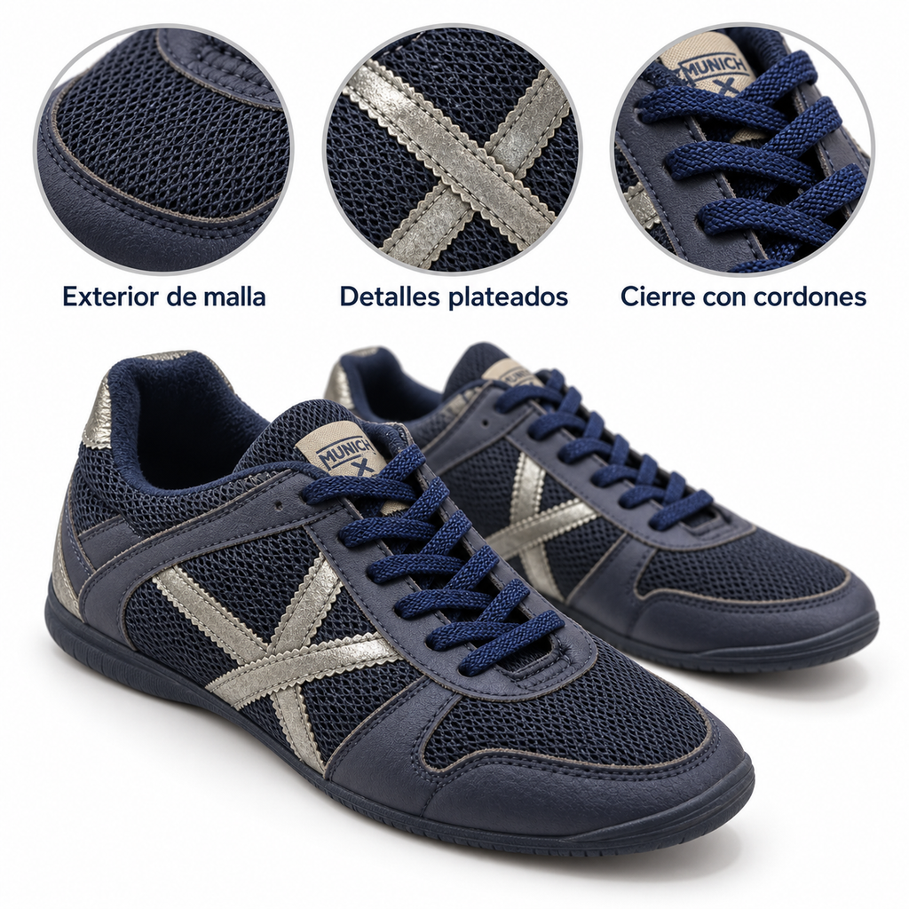 Características de las zapatillas Munich azul marino de malla con detalles plateados