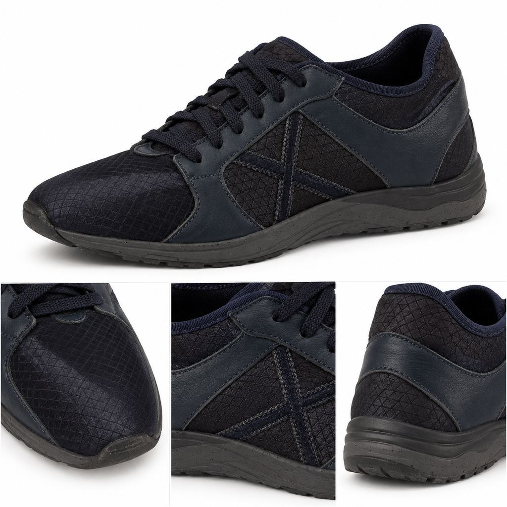 Detalles visibles de zapatillas Munich azul marino y negro talla 46