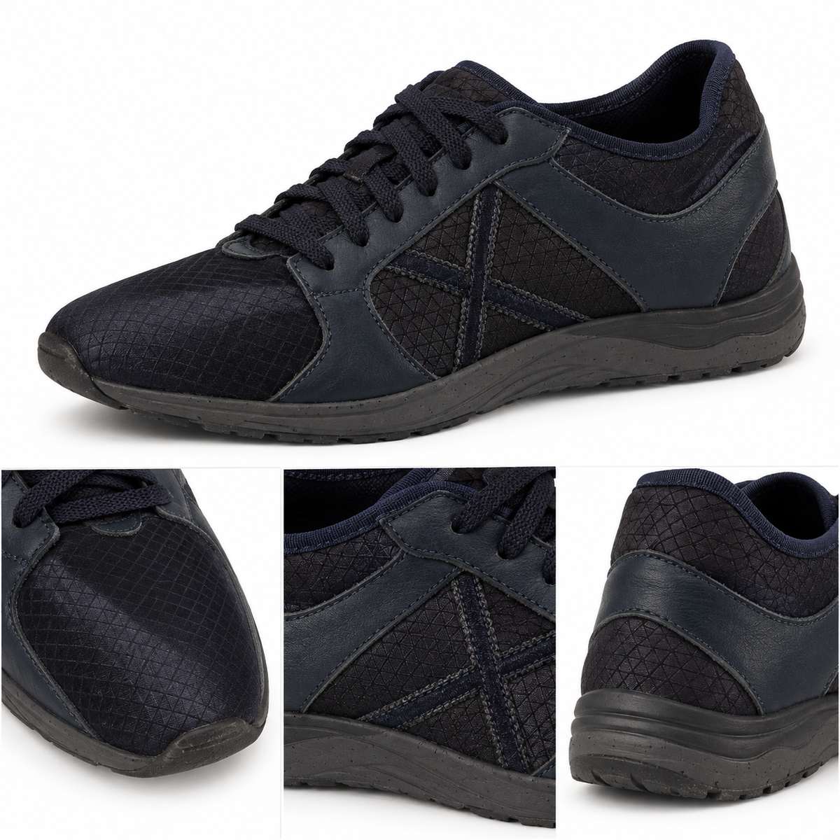 Detalles visibles de zapatillas Munich azul marino y negro talla 46
