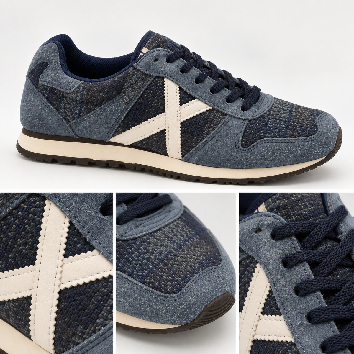 Detalle de características de Zapatillas Munich Azul Marino de Malla con X Crema Unisex