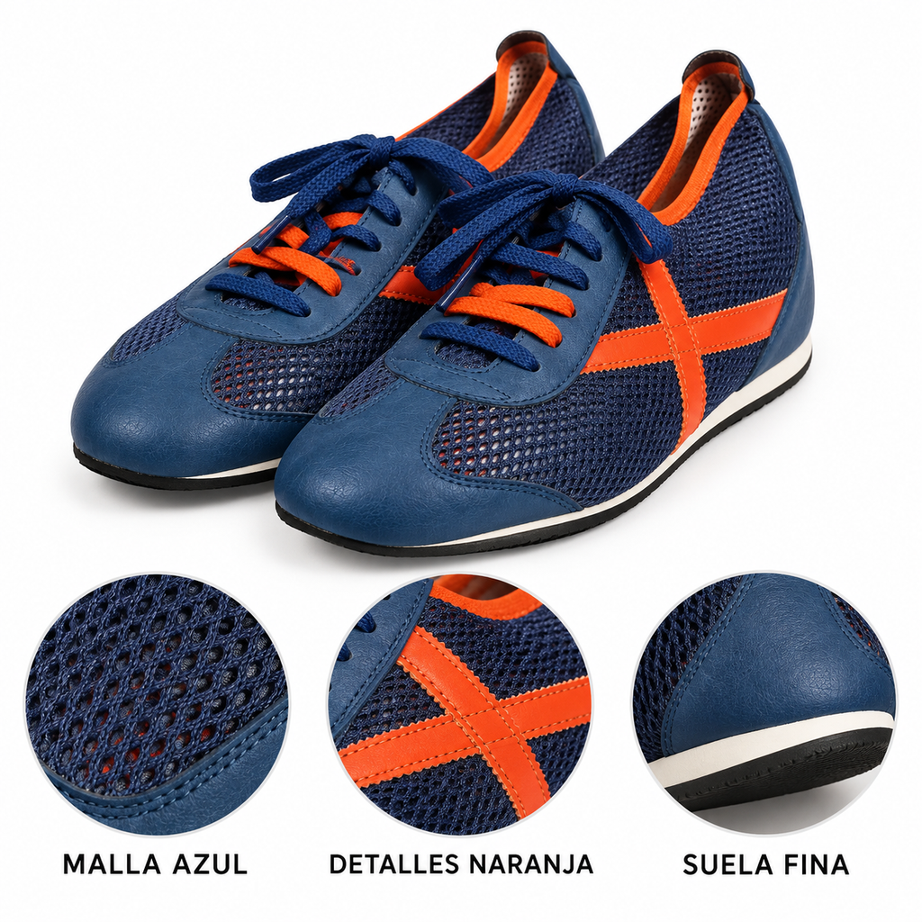 Características de las Munich azules de malla con detalles naranja