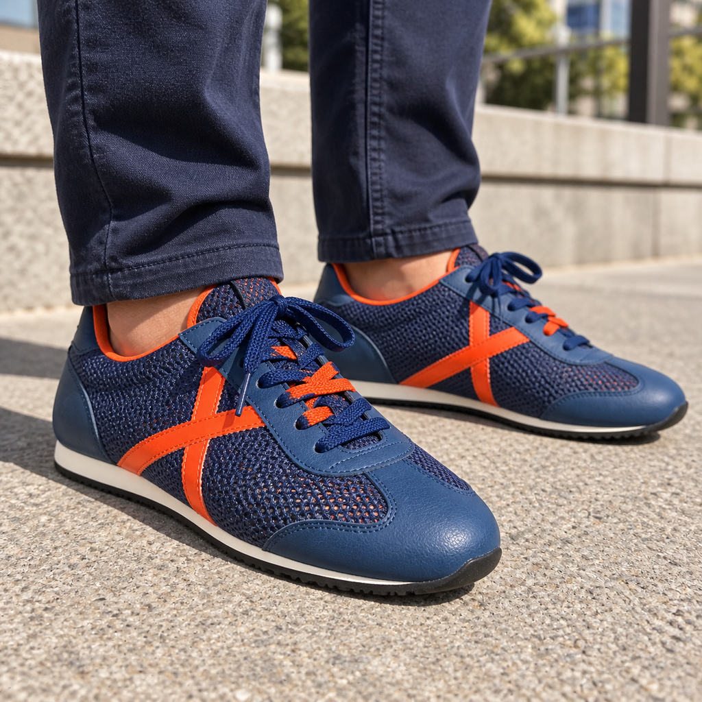 Munich azules de malla con detalles naranja en ambiente urbano