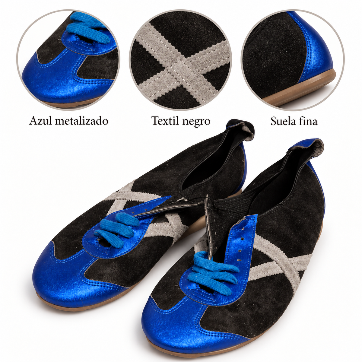 Zapatillas Munich azul metalizado y negro textil, imagen de características