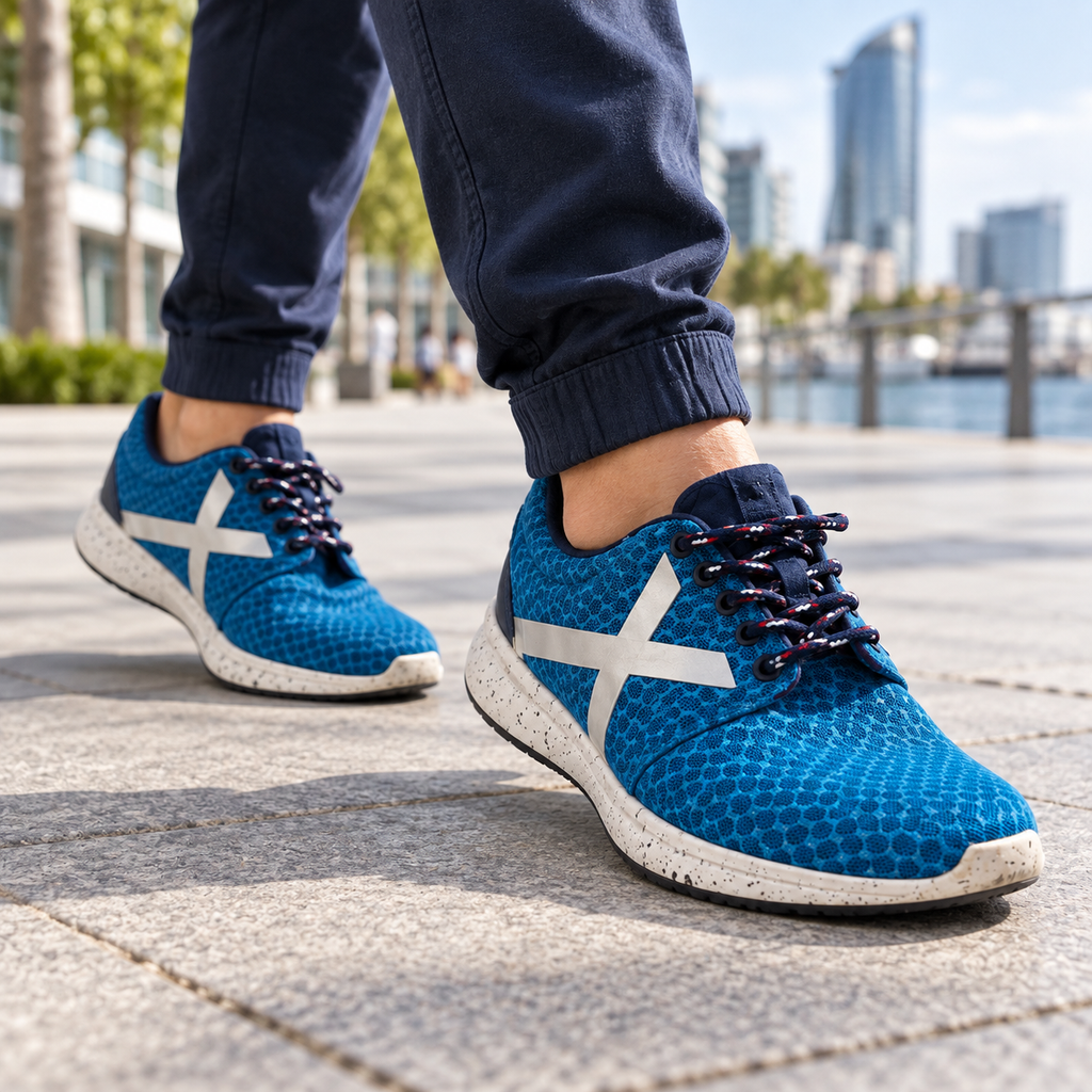 Zapatillas Munich azul turquesa de malla en una escena urbana