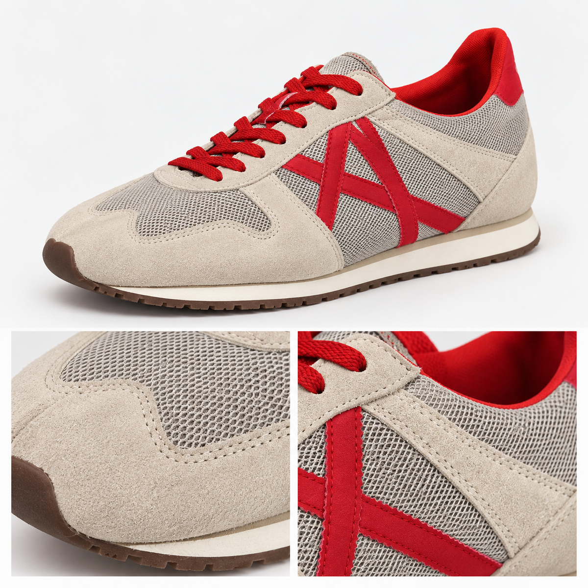 Detalles de malla, acabado beige y X roja en zapatillas Munich