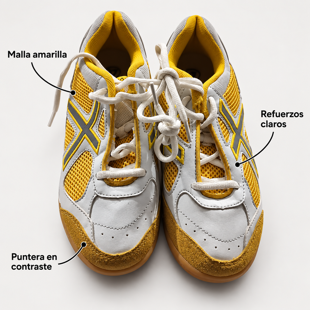 Características de las zapatillas Munich blancas y amarillas de malla