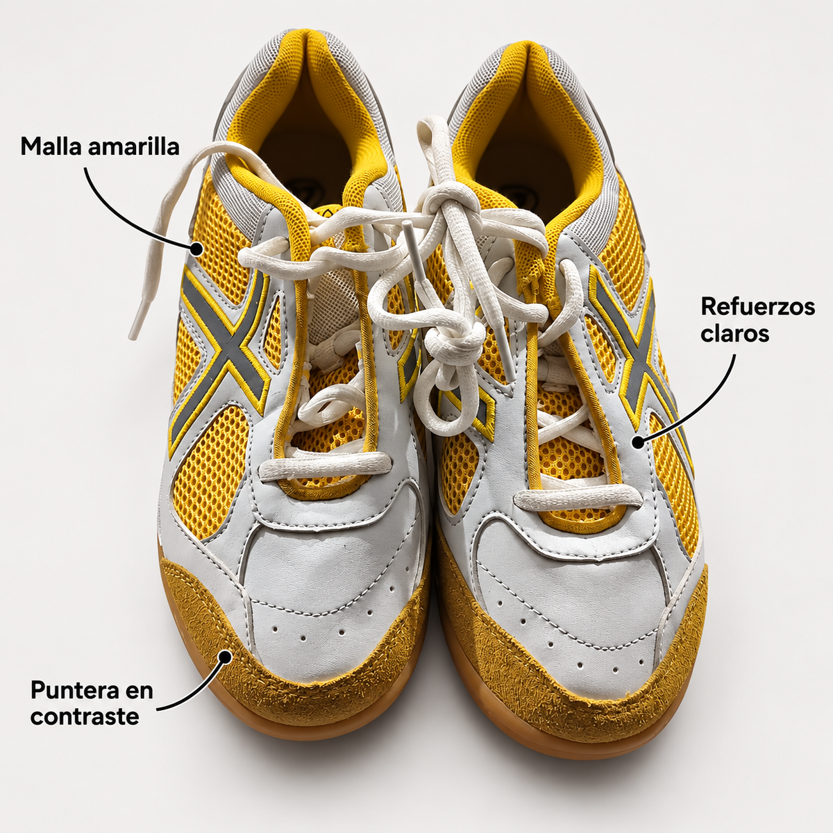 Características de las zapatillas Munich blancas y amarillas de malla