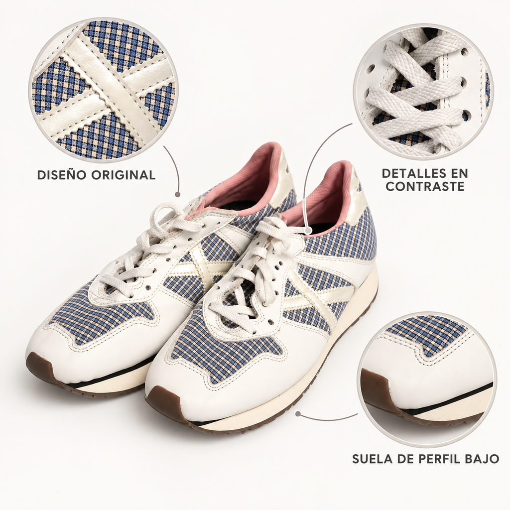 Detalles de zapatillas Munich blancas con cuadros azules