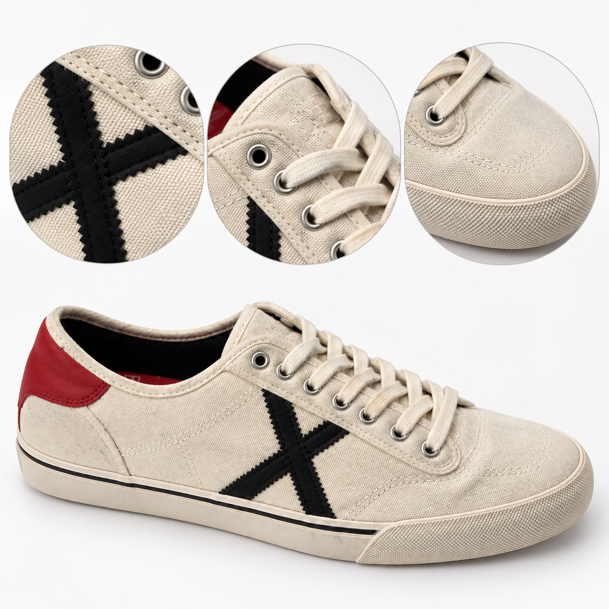 Detalle de características de Zapatillas Munich Blancas de Lona con X Negra y Talón Rojo Unisex