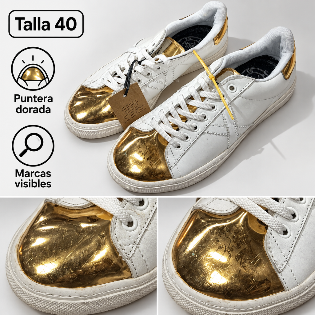 Detalle de arañazos en puntera dorada Munich blanca talla 40