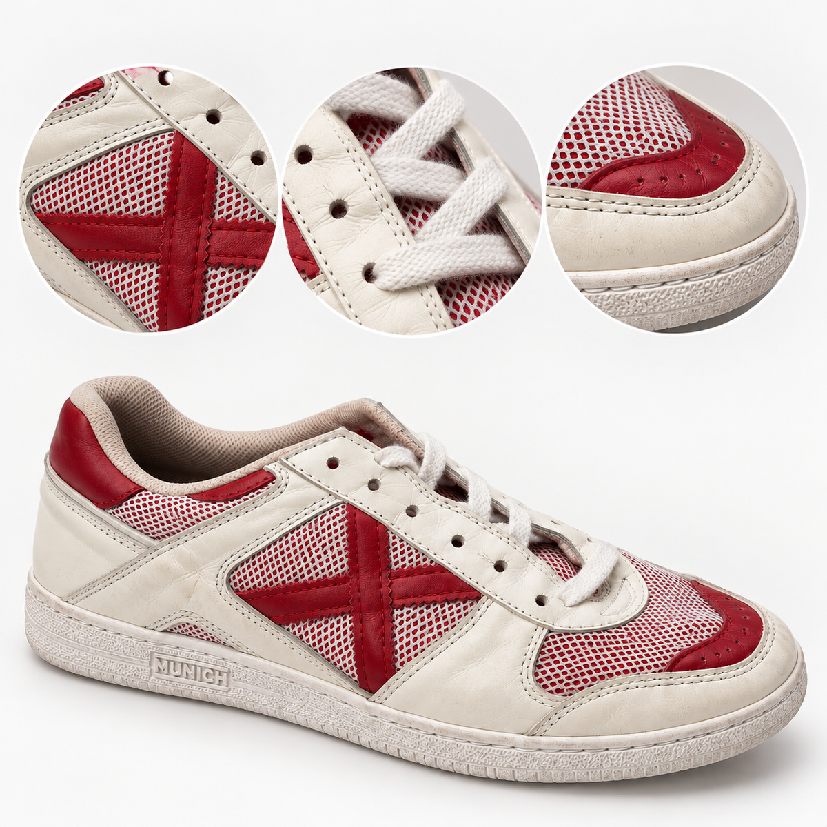 Detalle de características de Zapatillas Munich Blancas y Rojas de Malla Unisex