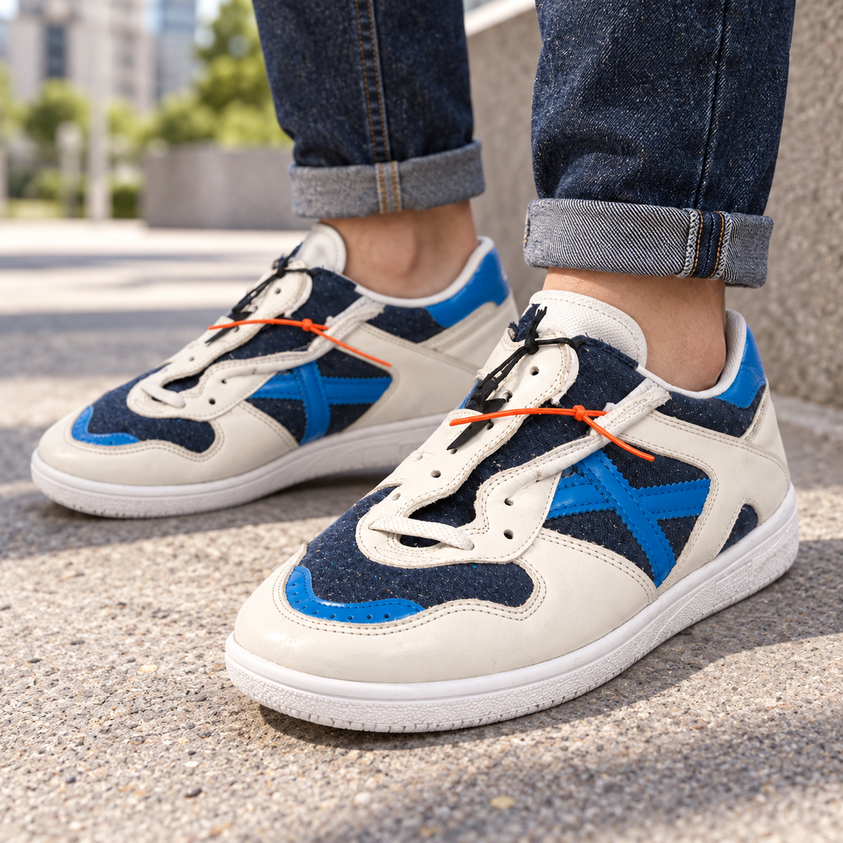 Zapatillas Munich blancas azul marino y azul vivo, imagen lifestyle