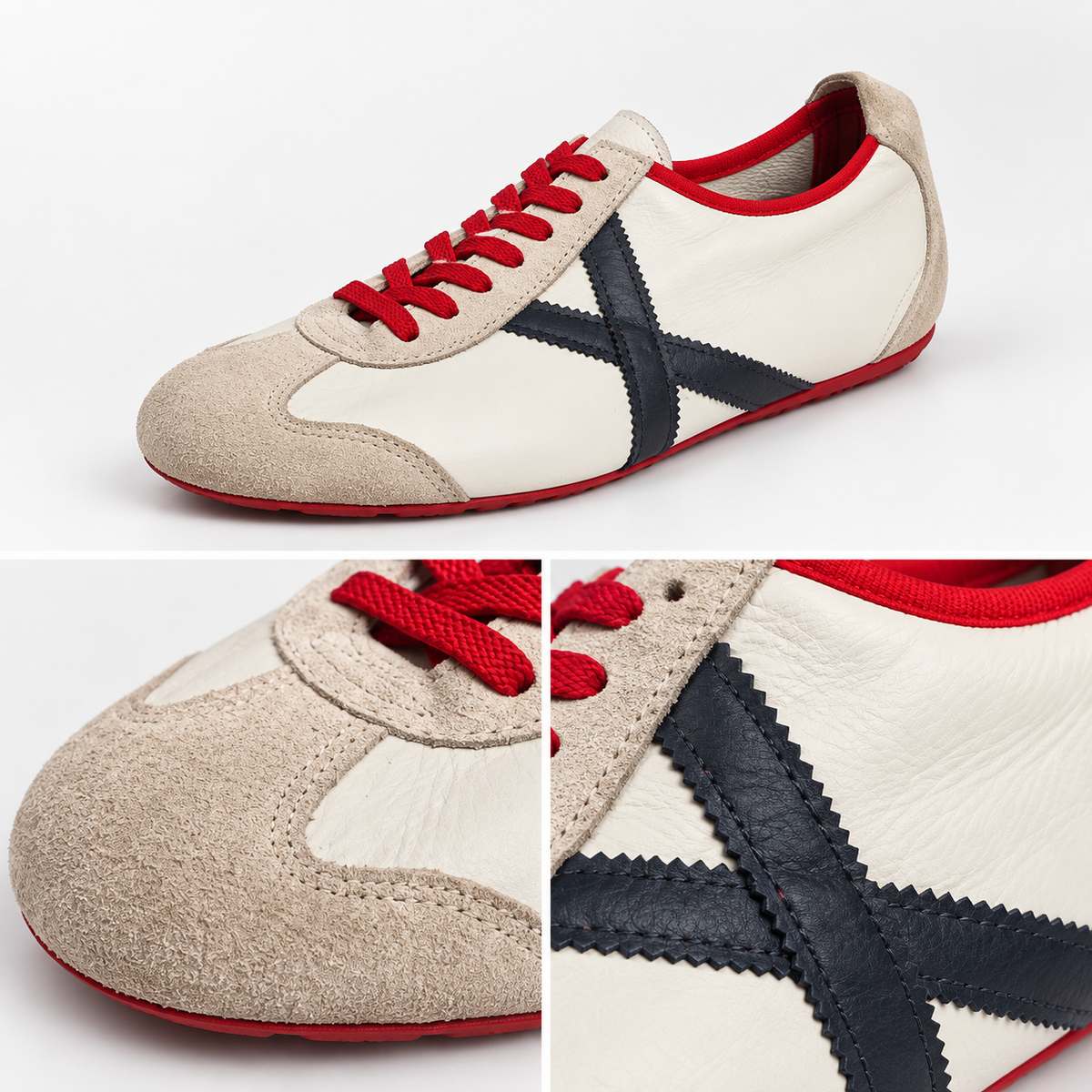 Detalles de ante beige, cordones rojos y X azul marino en zapatillas Munich