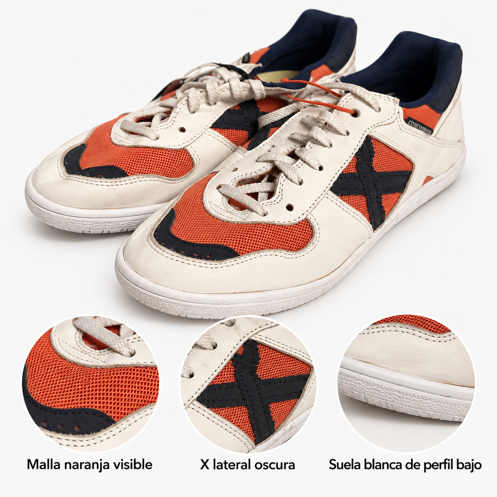 Detalles visibles de las zapatillas Munich blancas, naranjas y azul marino