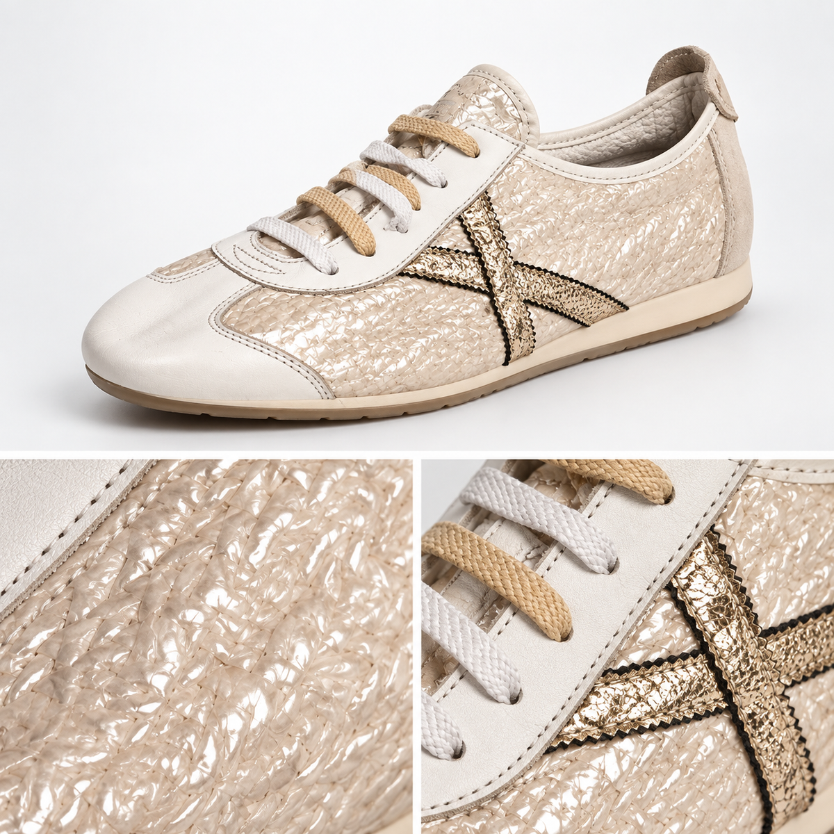 Detalles de textura perla, cordones bicolor y X dorada Munich