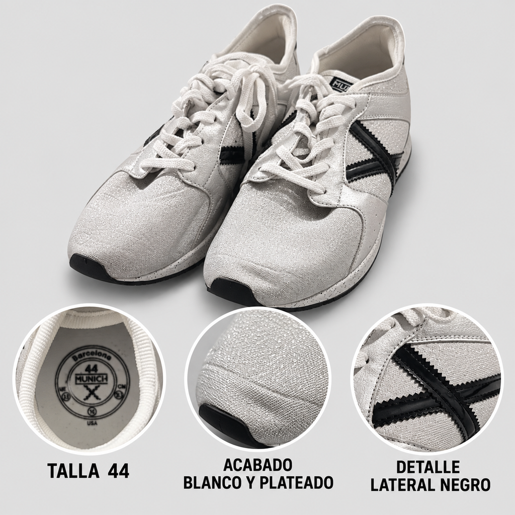 Características de las zapatillas Munich blancas y plateadas talla 44