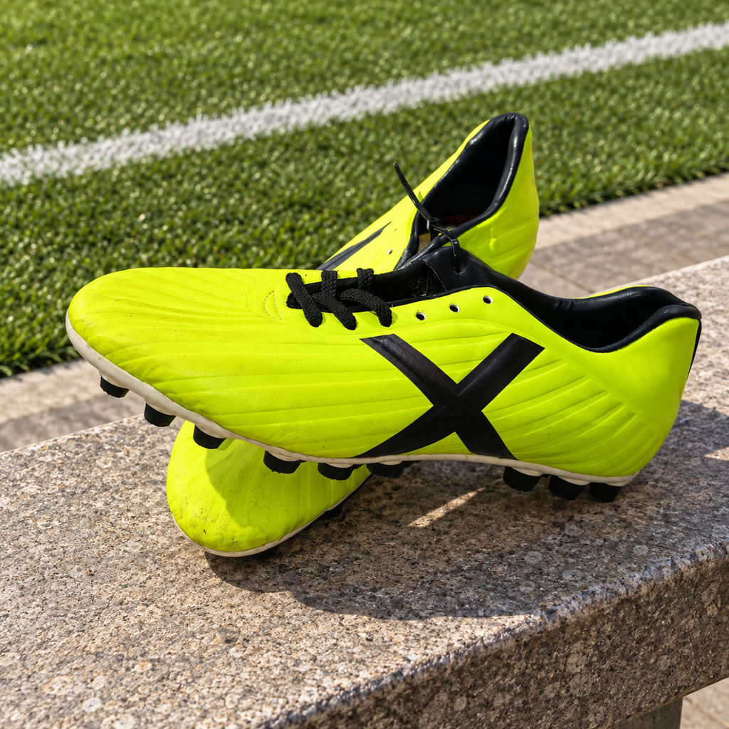 Botas Munich amarillo flúor X negra talla 40 junto a campo deportivo