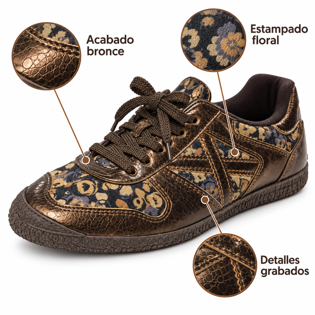 Características de las zapatillas Munich bronce con estampado floral