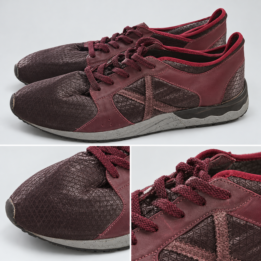 Zapatillas Munich burdeos con textura de triángulos y suela gris · Talla 45 - detalle de diseño y estado
