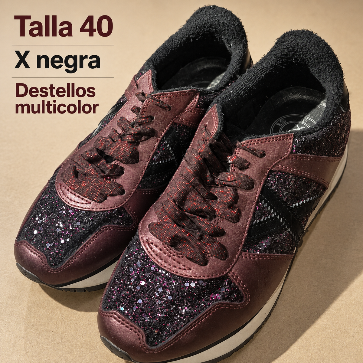 Detalles Munich burdeos y negras con destellos talla 40