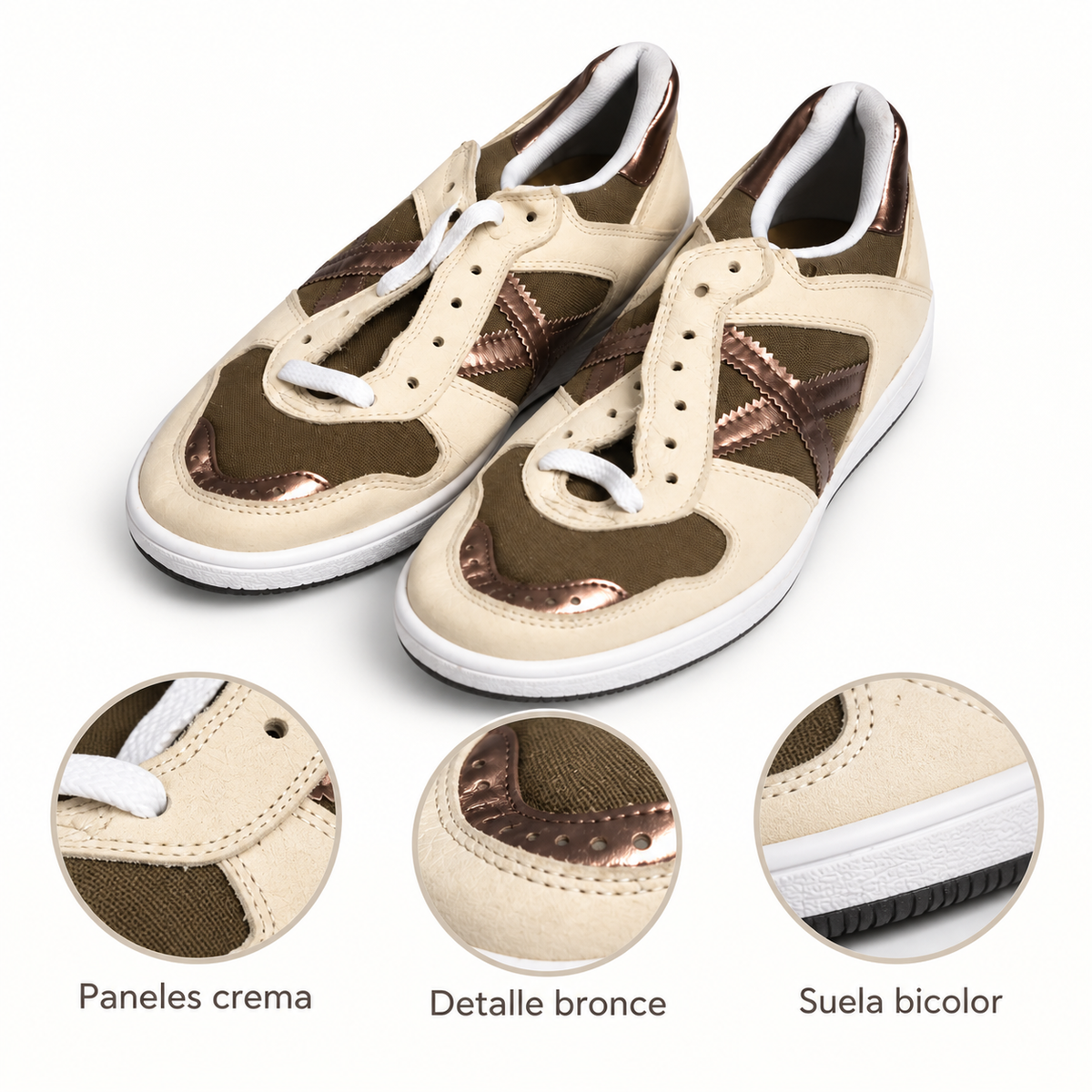 Zapatillas Munich crema y bronce metalizado, imagen de características