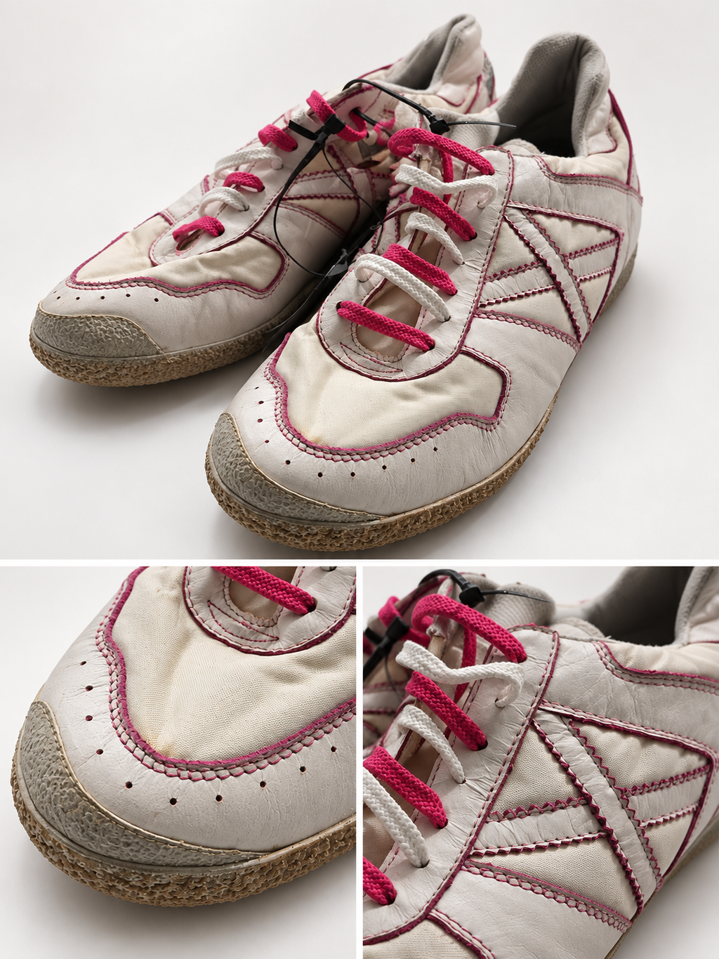 Detalles visibles de las zapatillas Munich crema con costuras fucsia