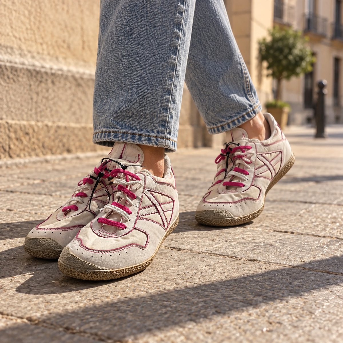 Zapatillas Munich crema con costuras fucsia en escena urbana