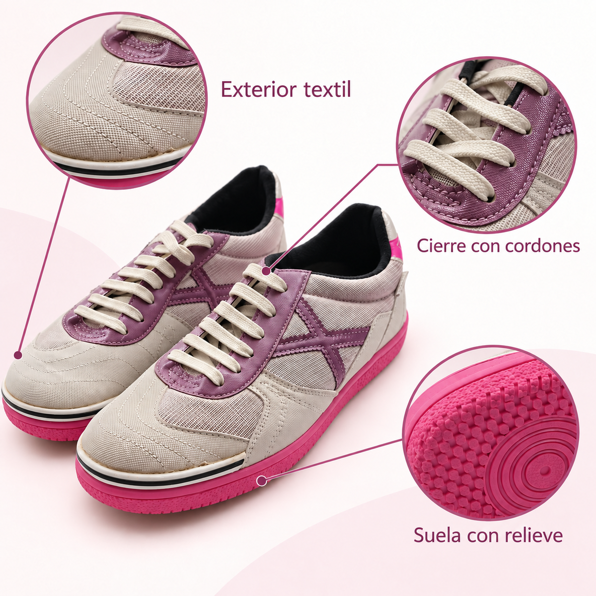 Características de las zapatillas Munich crema y malva con suela fucsia