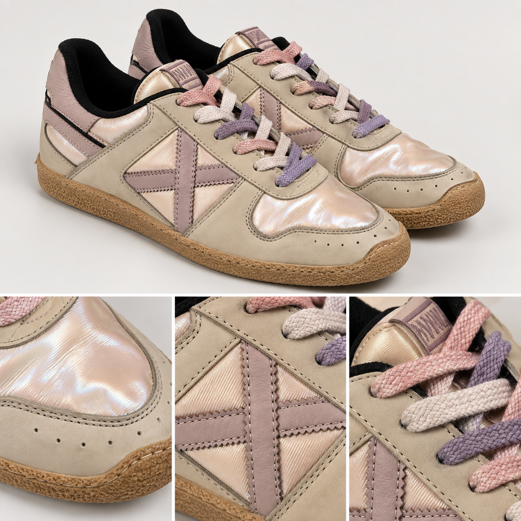 Zapatillas Munich Crema con Rosa Perlado y Cordones Pastel Mujer - detalle de características