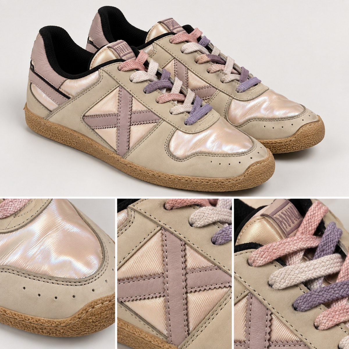 Zapatillas Munich Crema con Rosa Perlado y Cordones Pastel Mujer - detalle de características