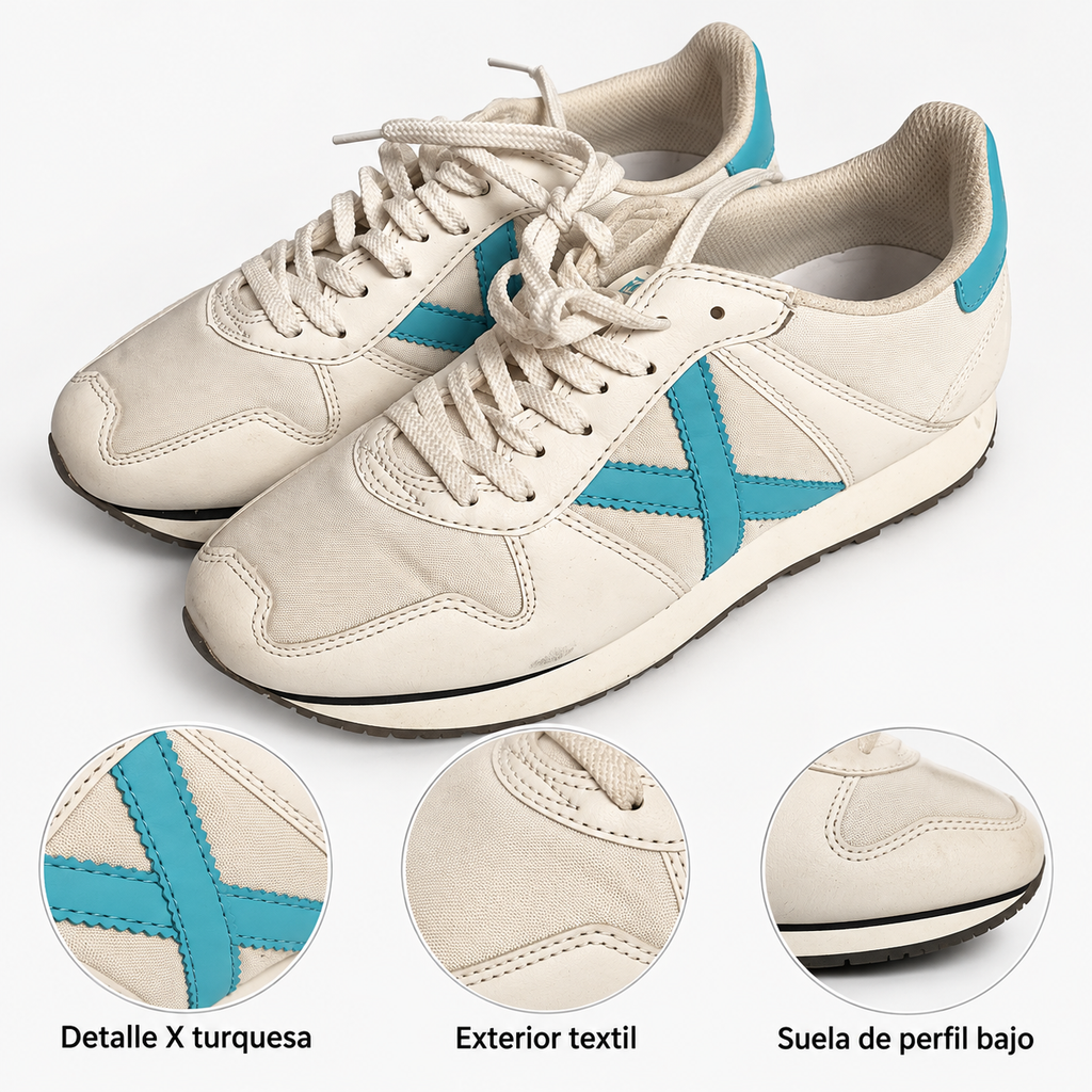 Detalles visibles de las zapatillas Munich crema y turquesa