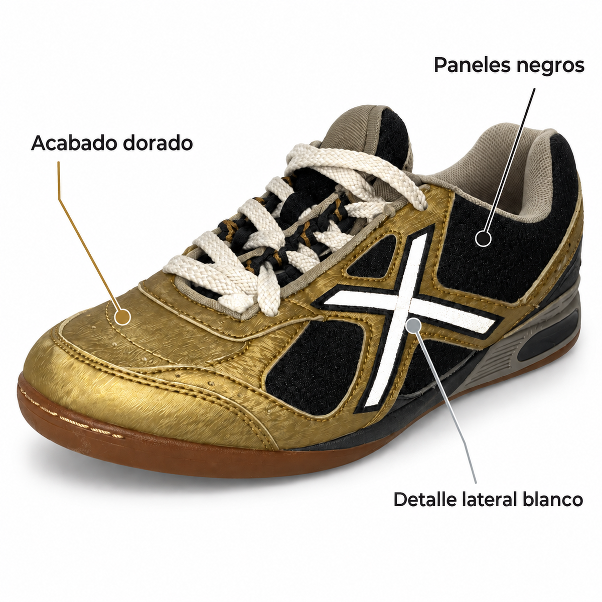 Características de las zapatillas Munich doradas y negras con detalle lateral blanco