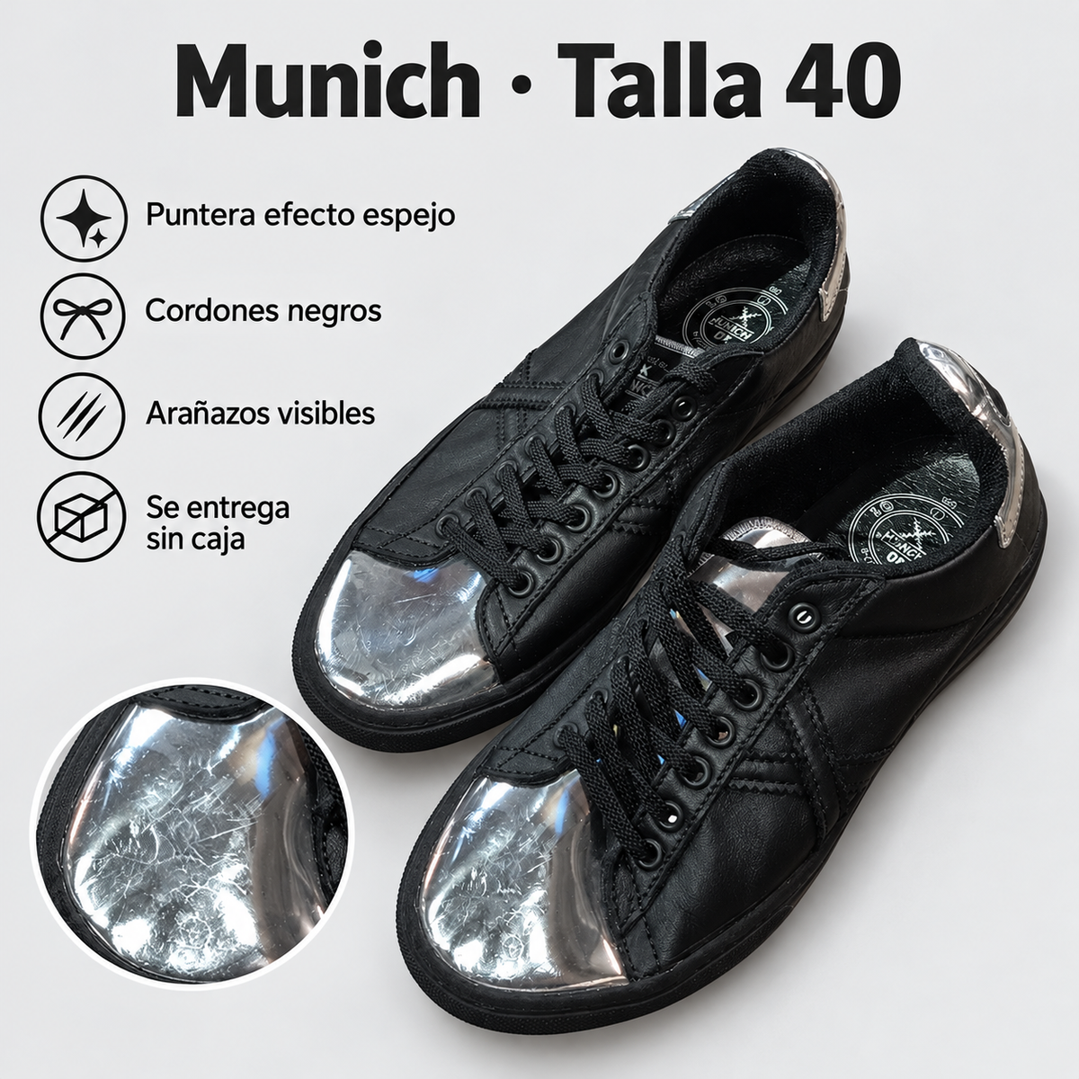 Munich talla 40: puntera espejo, cordones negros y arañazos visibles; sin caja