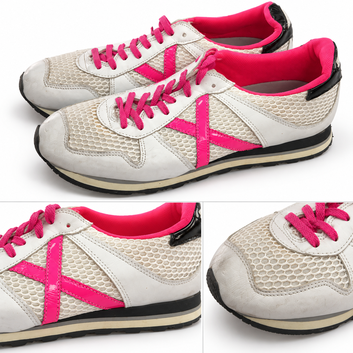 Zapatillas Munich blancas de rejilla con X fucsia · Talla 45 - detalle de diseño y estado