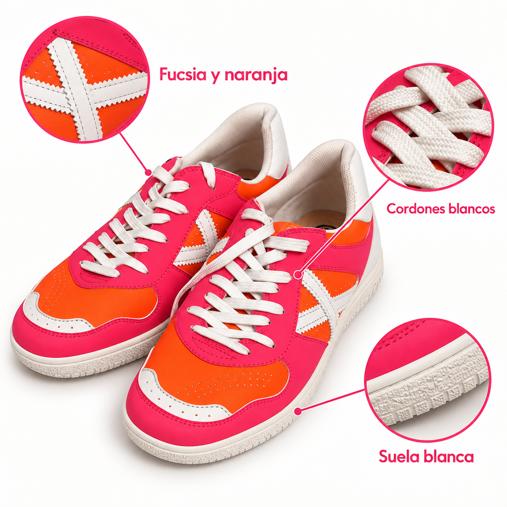 Zapatillas Munich Fucsia y Naranja con Detalles Blancos Unisex - caracteristicas