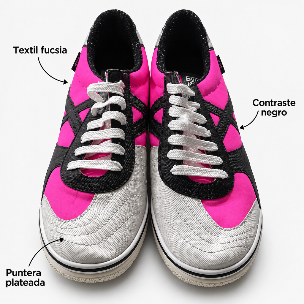 Características de las zapatillas Munich fucsia, plateadas y negras