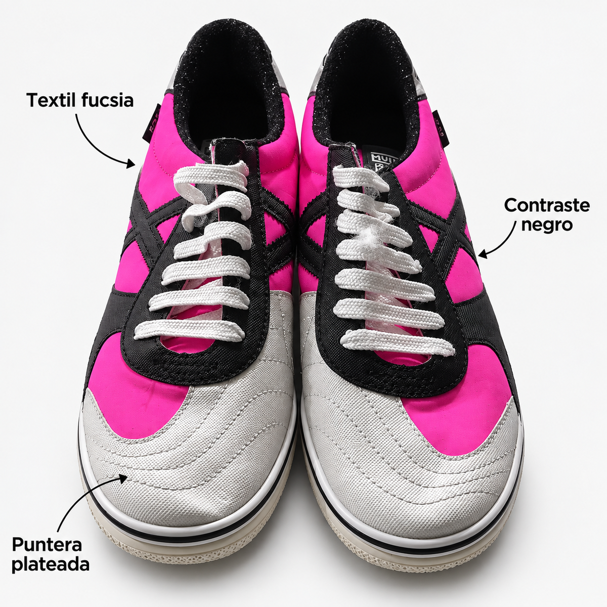 Características de las zapatillas Munich fucsia, plateadas y negras
