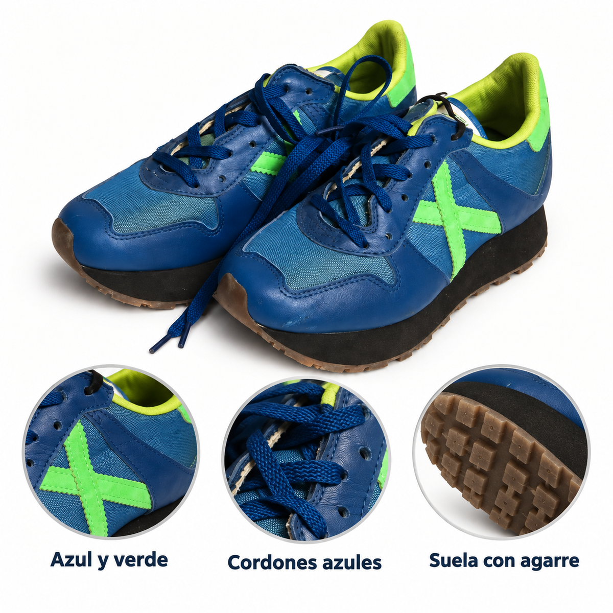 Zapatillas de fútbol Munich azules con detalles verde lima, imagen de características