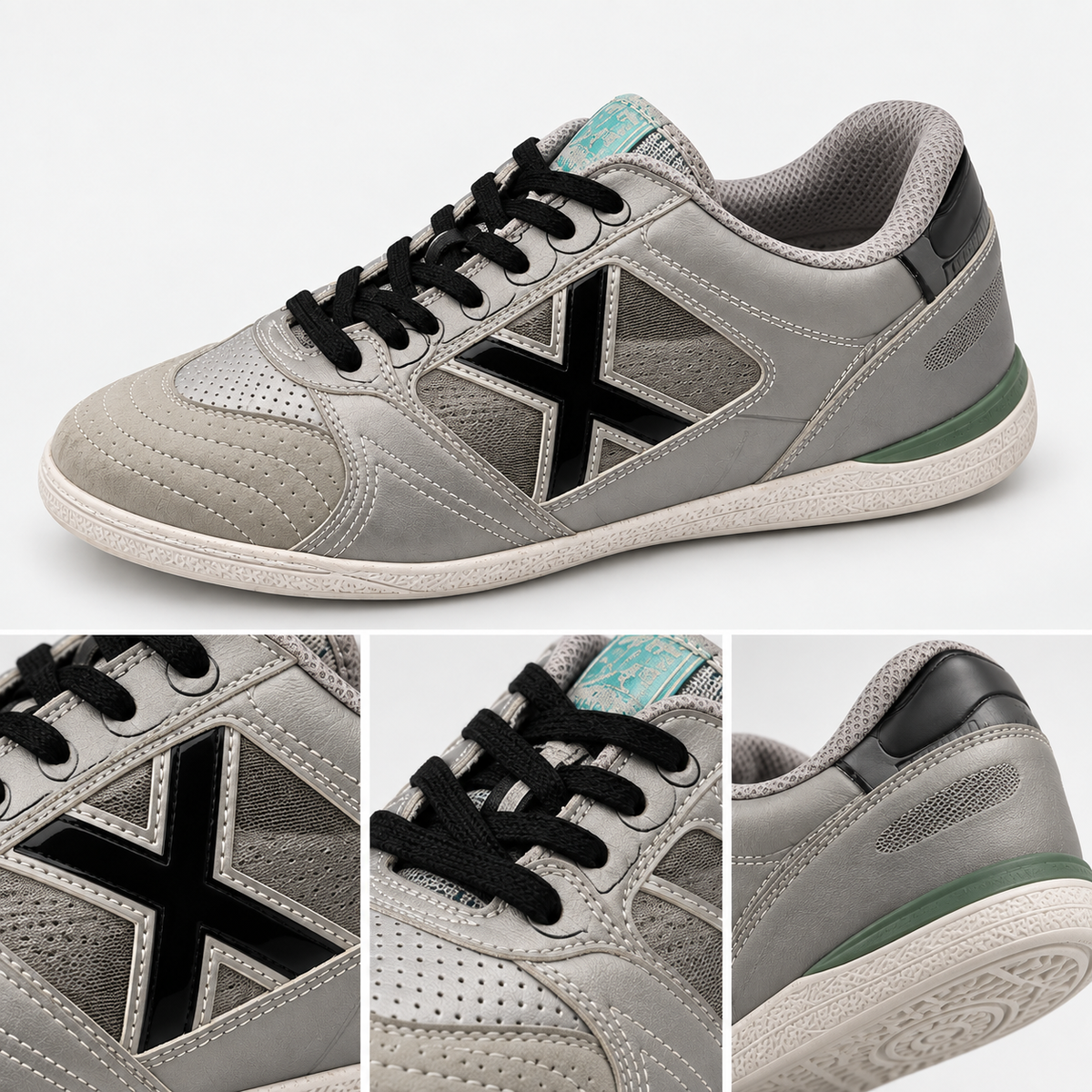Detalle de características de Zapatillas de Fútbol Sala Munich Plateadas con X Negra Hombre