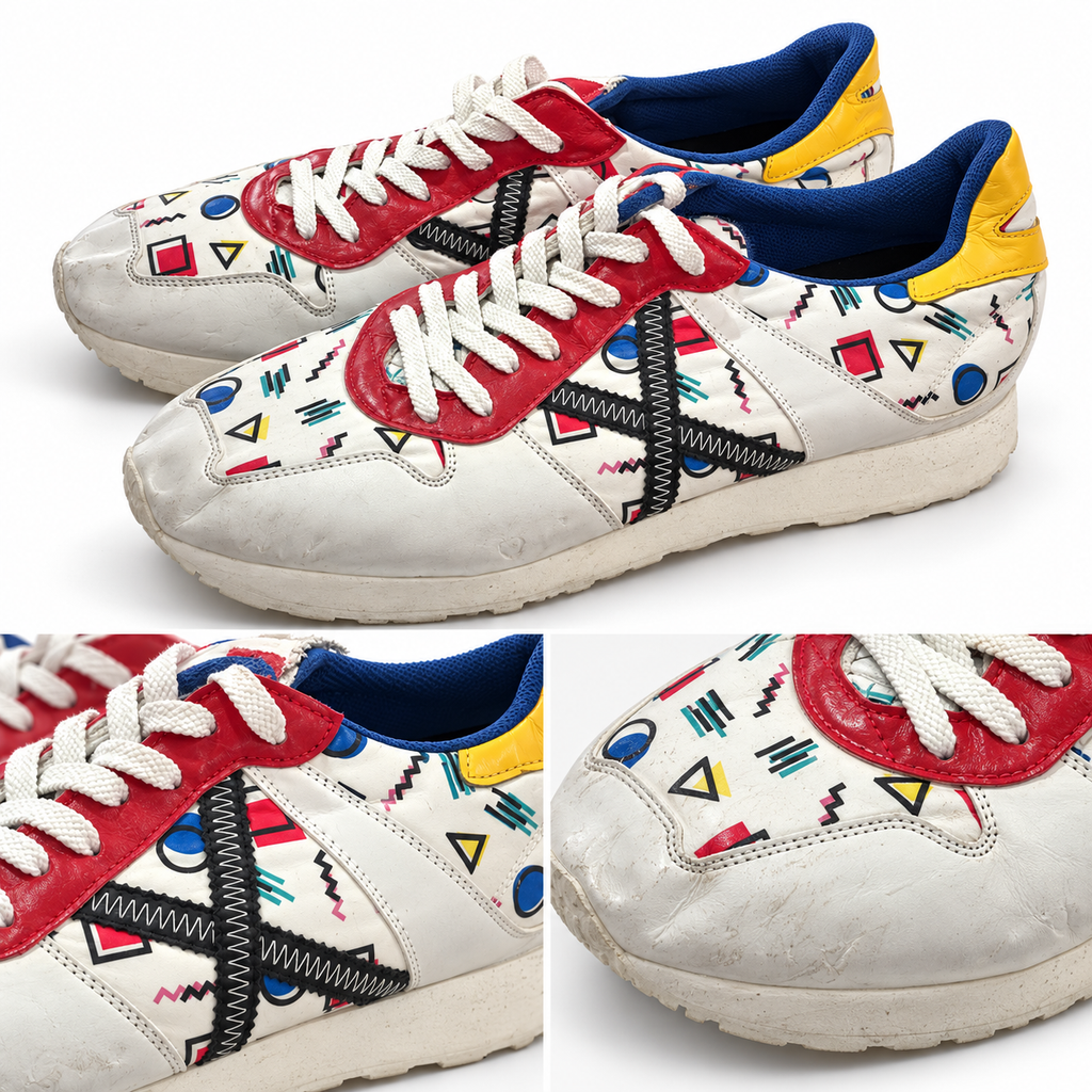 Zapatillas Munich blancas con estampado geométrico multicolor · Talla 45 - detalle de diseño y estado