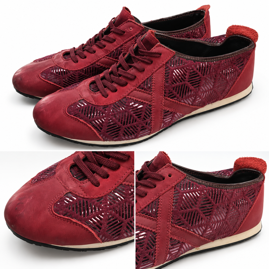 Zapatillas Munich granates con dibujo calado y X tonal · Talla 45 - detalle de diseño y estado