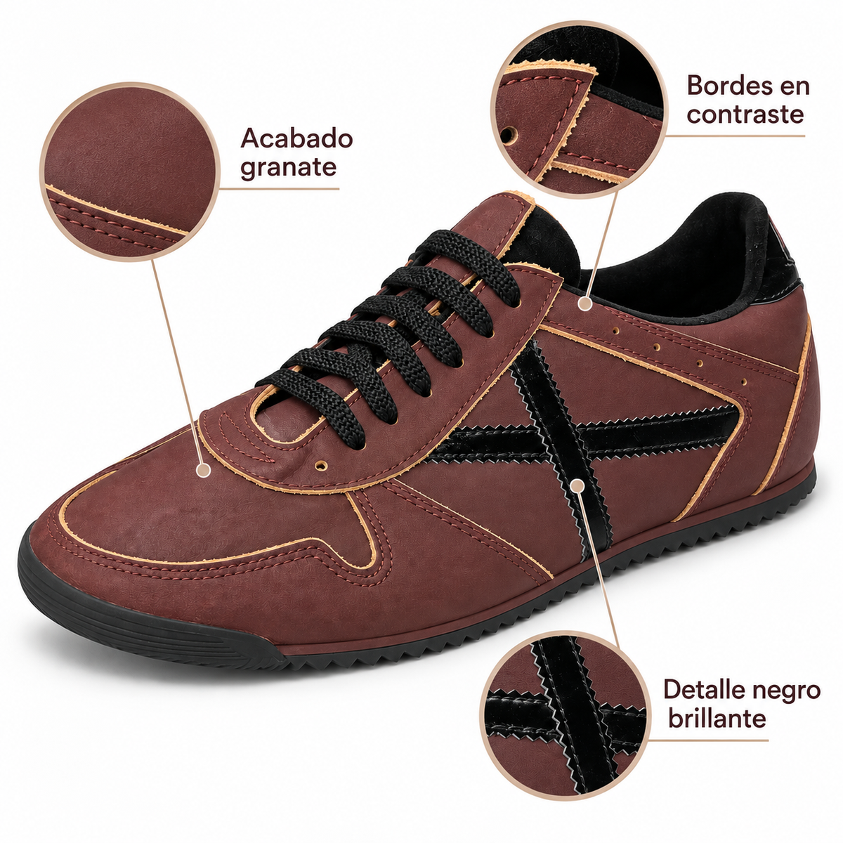 Características de las zapatillas Munich granate con bordes en contraste y detalle negro brillante