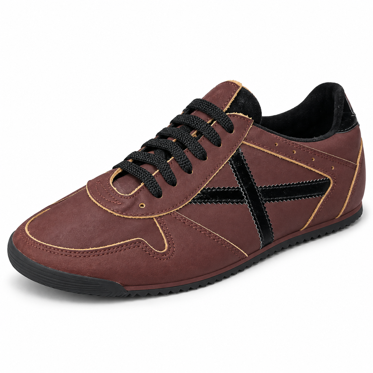 Zapatillas Munich granate con detalles negros y bordes en contraste sobre fondo blanco