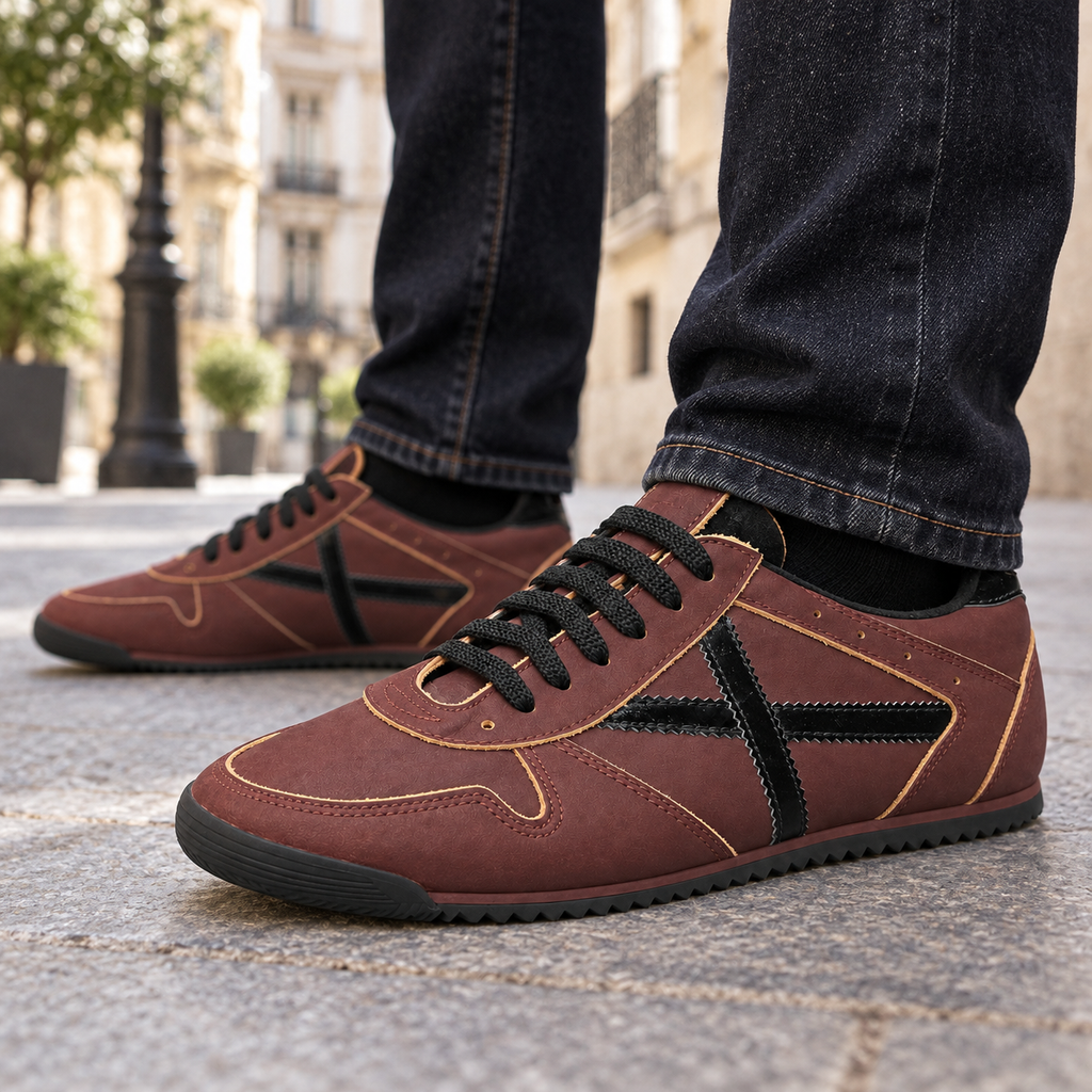 Zapatillas Munich granate y negras en una escena urbana