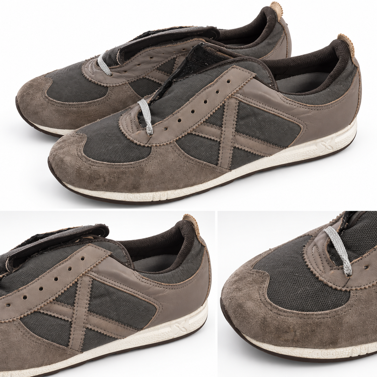 Zapatillas Munich grises con X tonal y suela clara · Talla 45 - detalle de diseño y estado