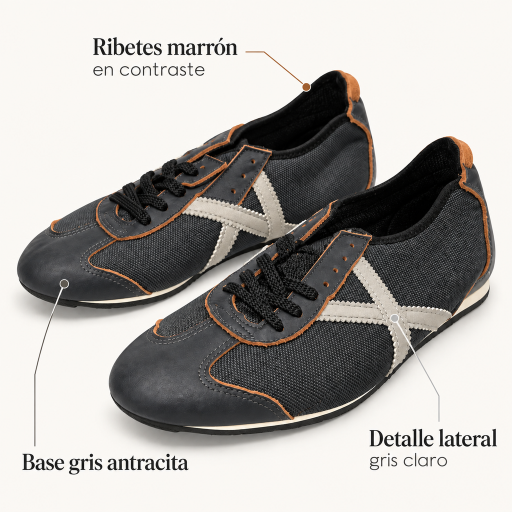 Características de las zapatillas Munich gris antracita con ribetes en contraste