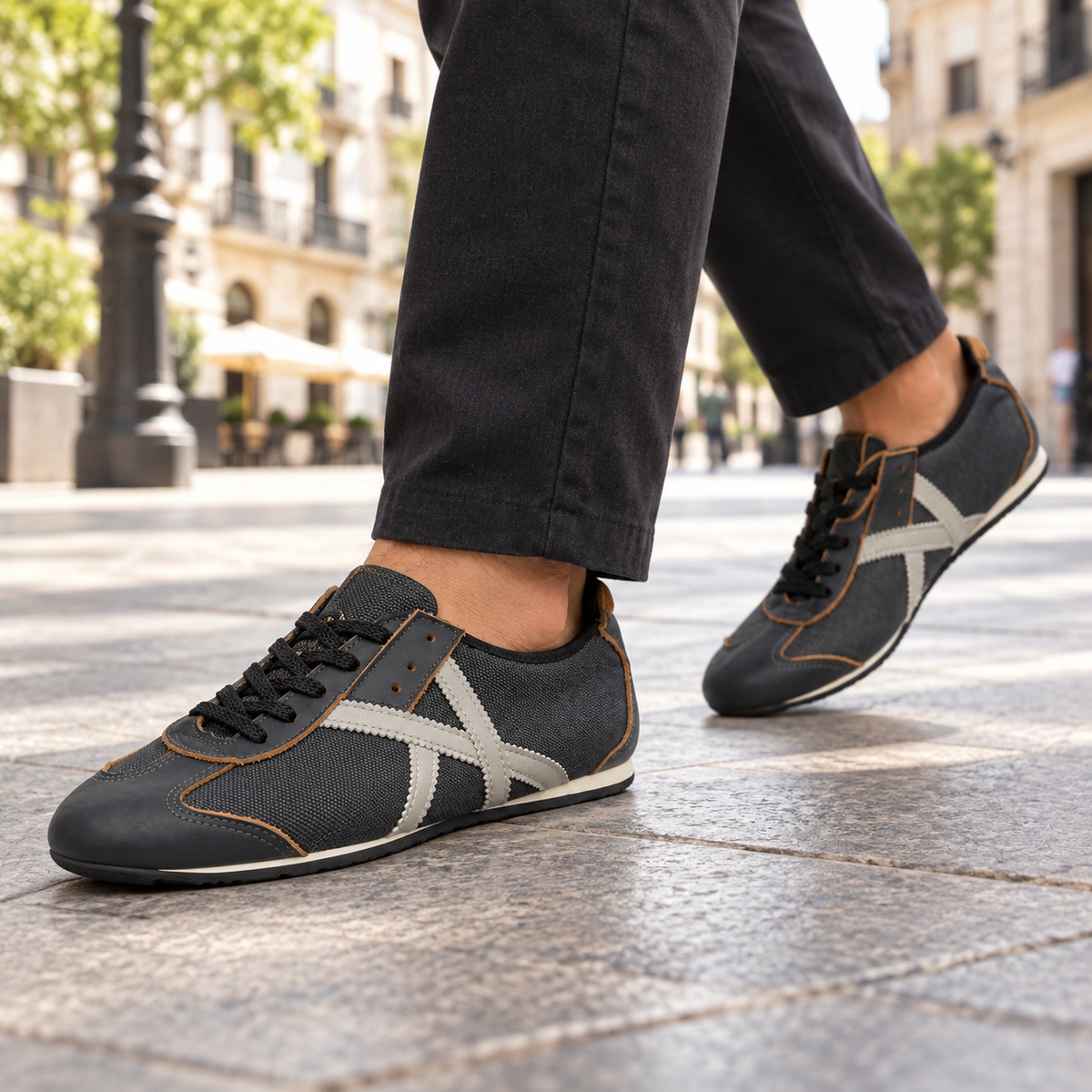 Zapatillas Munich gris antracita en una escena urbana