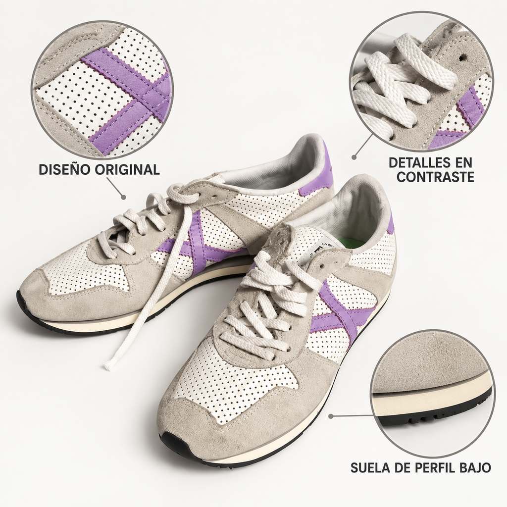 Detalles de zapatillas Munich grises blancas y lila