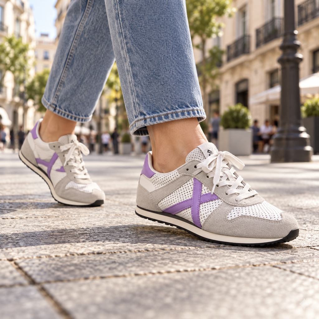 Zapatillas Munich grises blancas y lila en uso